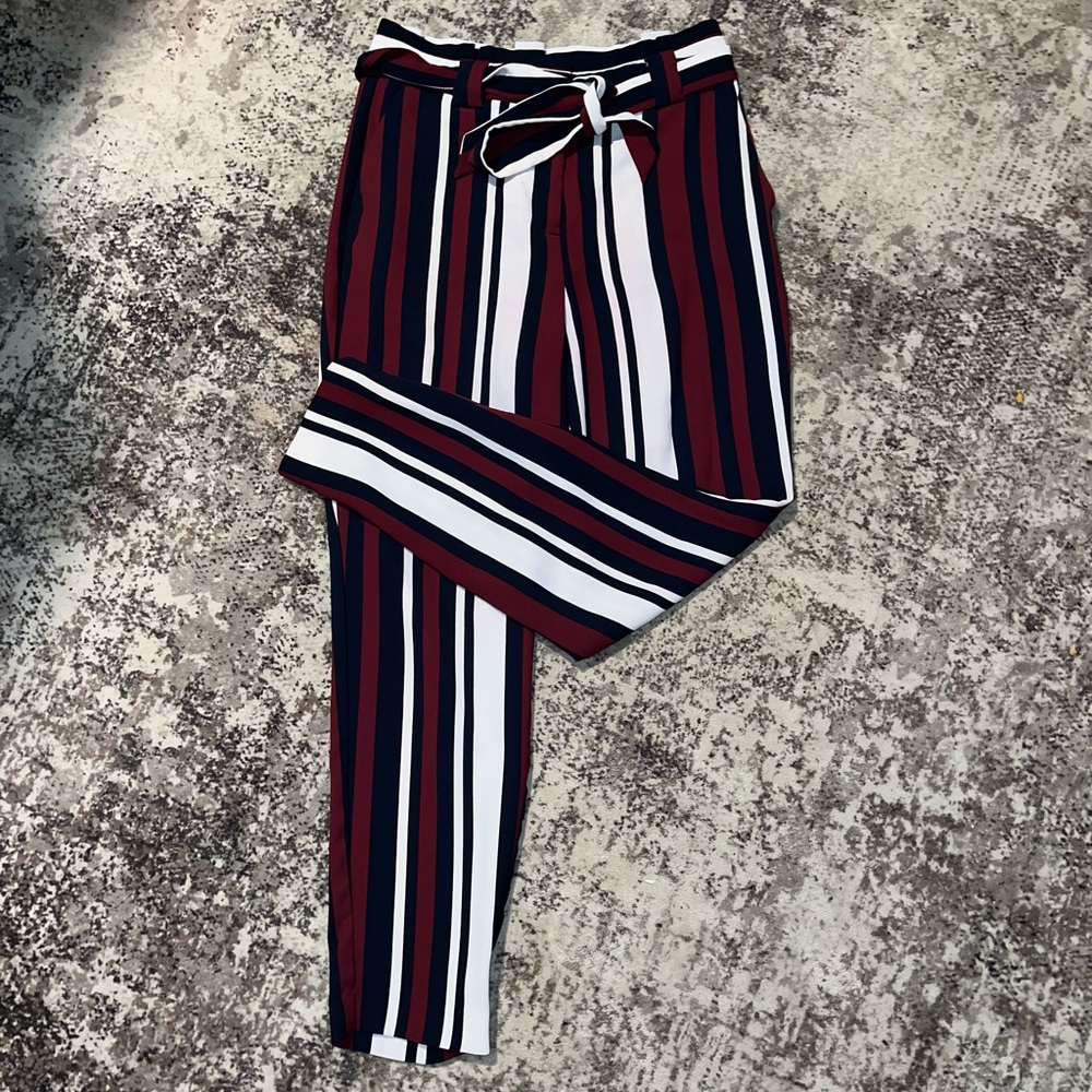 Express Women's Ankle Crop Striped Pants in Navy, White & Burgundy - Picture 1 of 7